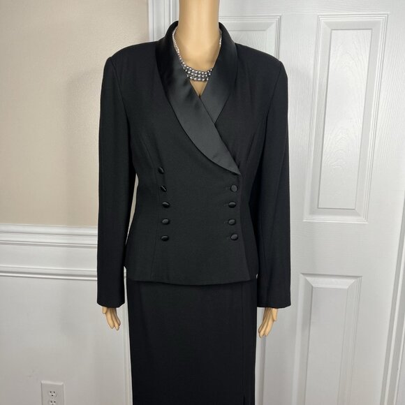 Kasper ASL Polyester Rayon Tuxedo VTG Skirt Suit 10 Black Double Breasted 2PC - Picture 3 of 12
